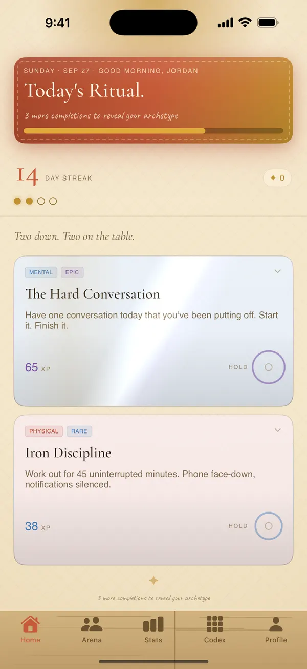 CardHabit home screen: today's ritual, a 14-day streak, and two dealt habit cards
