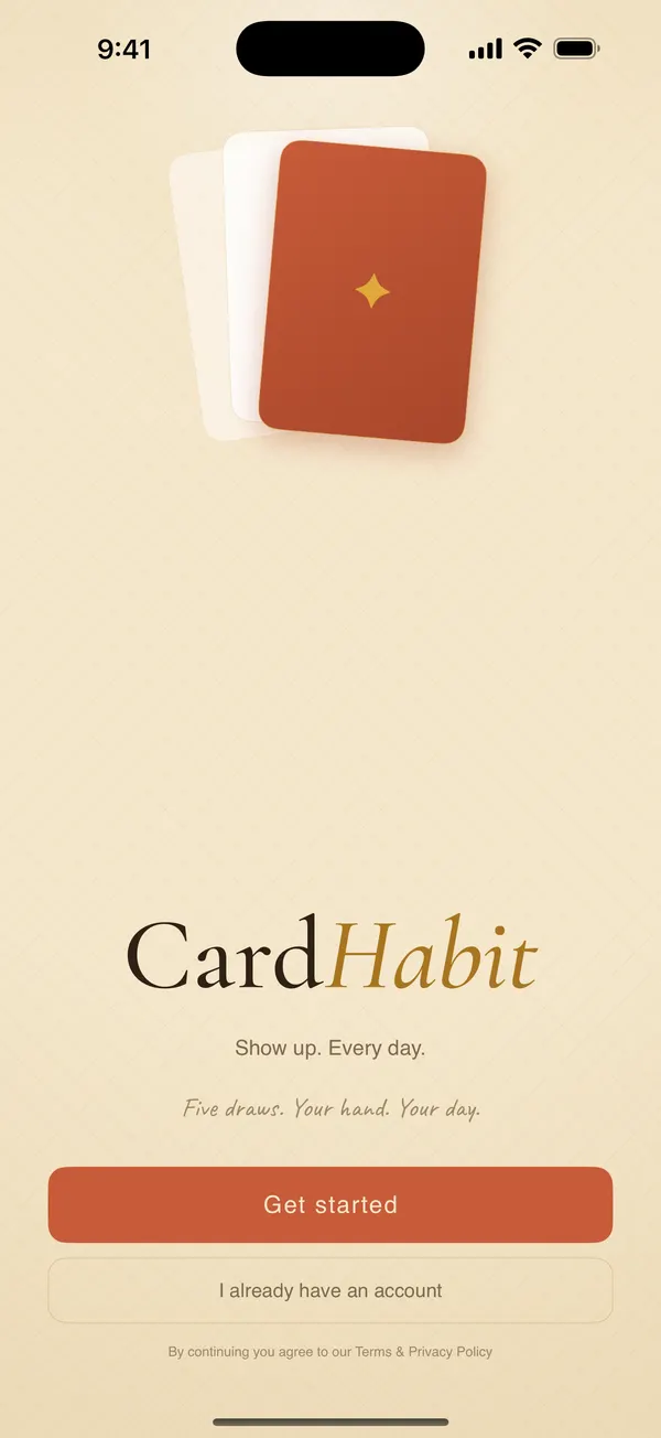 CardHabit welcome screen with the fanned card-back mark