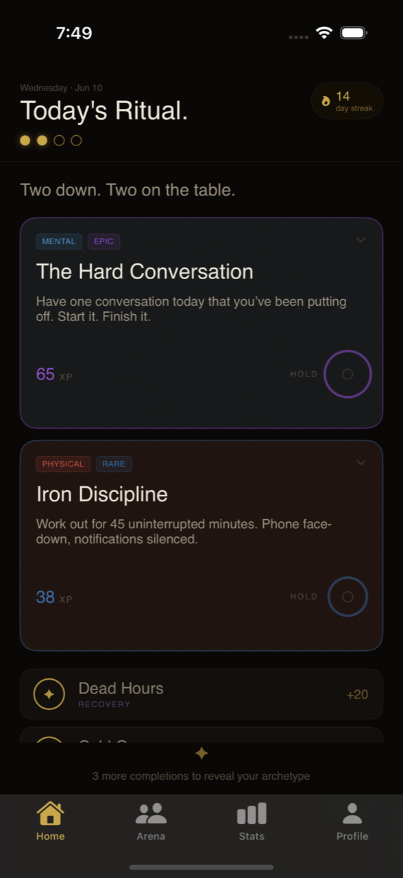CardHabit home screen: today's hand of habit cards on the table, two completed and sealed